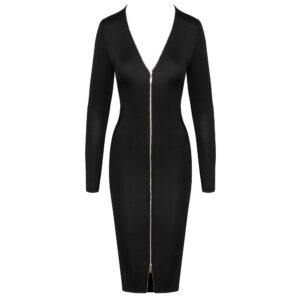 Lang Kjole i Sort med Gulvfarvet Lynlås