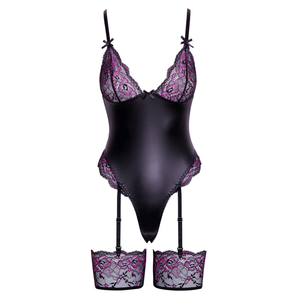 Sort Wetlook Body med Pink Blonder og Strømpebånd