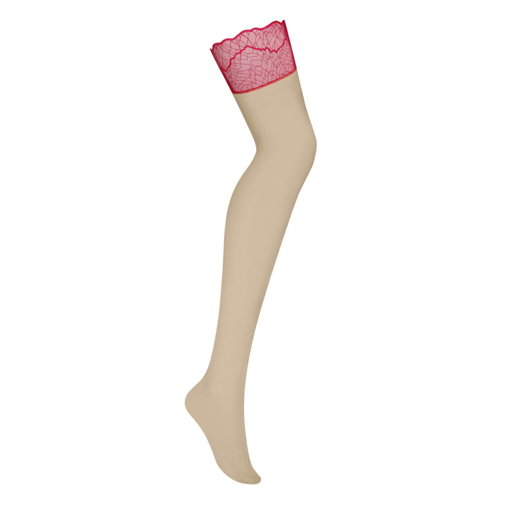 Obsessive Cupide Desir Nylonstrømper i Beige med Rød Blondekant