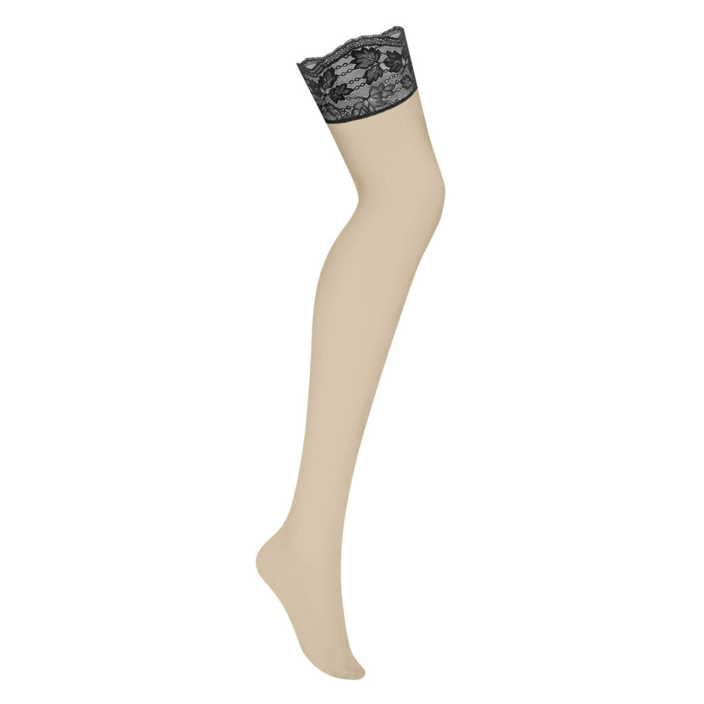 Obsessive Nutris Nylonstrømper i Beige med Sort Blondekant
