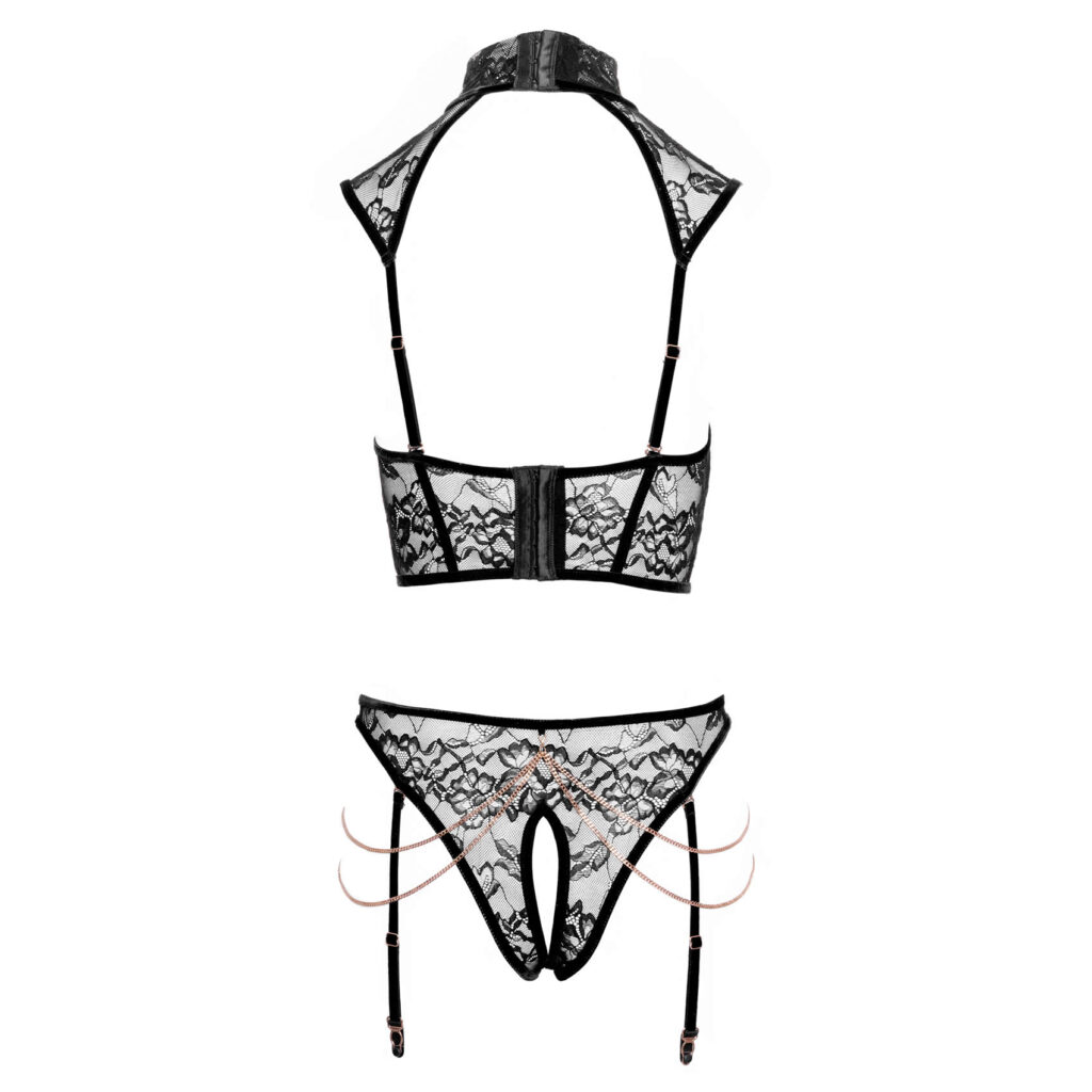 Abierta Fina Åben Bust Blonde Lingeri med Guldfarvede Kæder