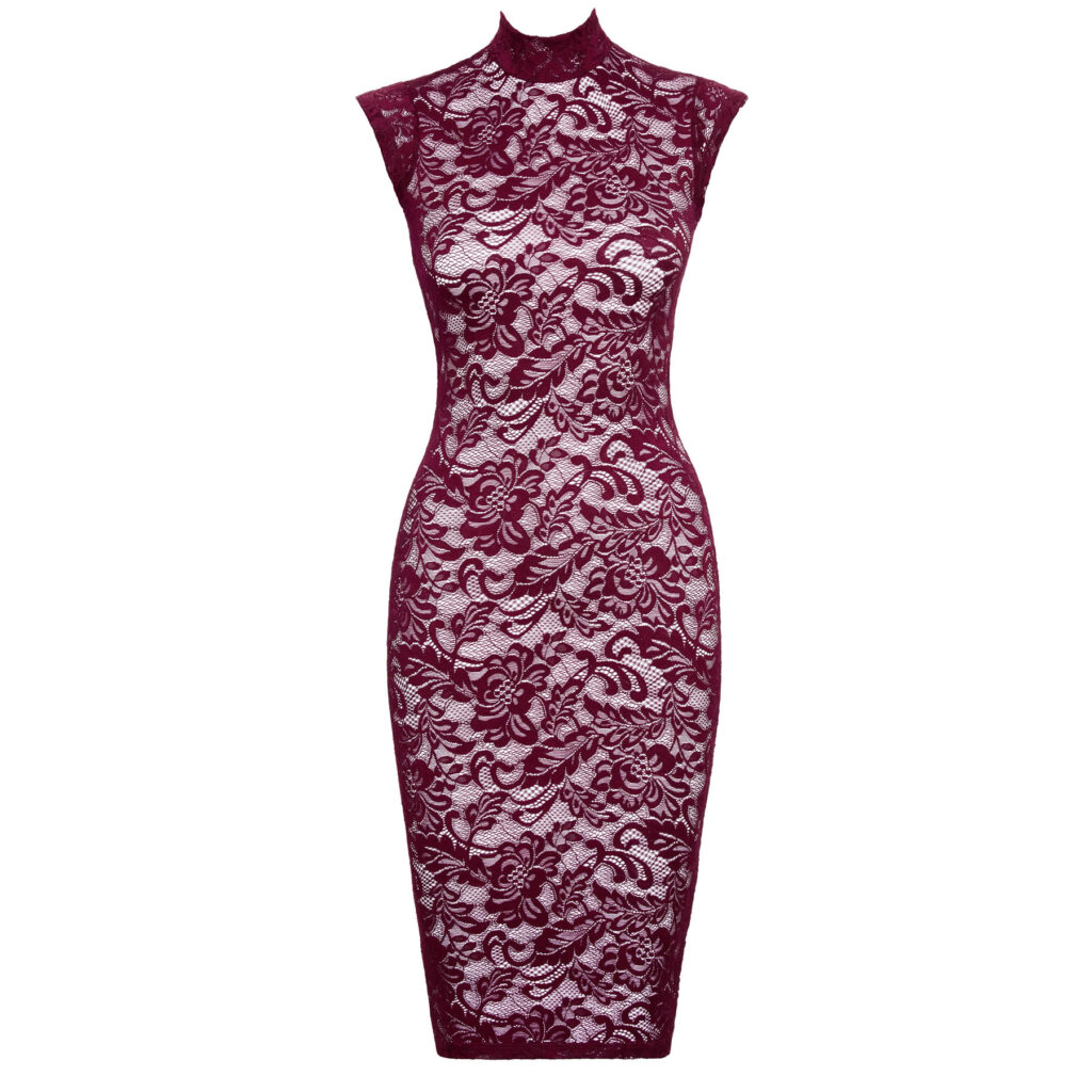 Knælang Blonde Pencilkjole i Bordeaux