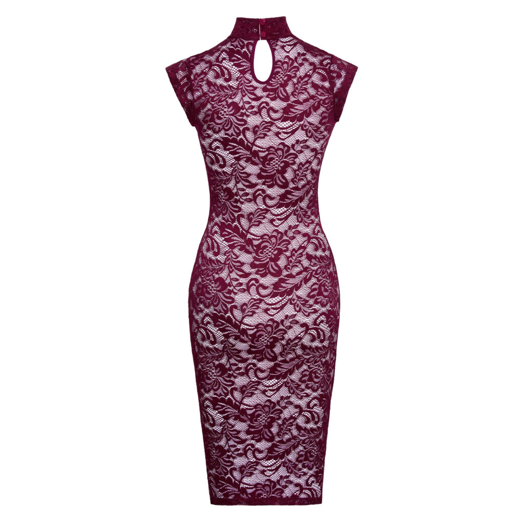 Knælang Blonde Pencilkjole i Bordeaux