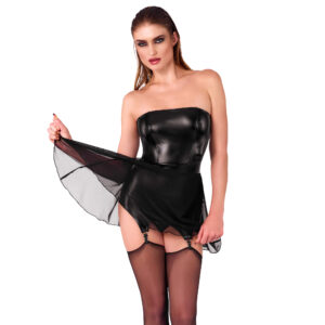 Noir Wetlook Kjole med Tylskørt og Strømpeholdere