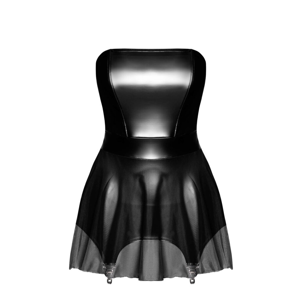 Noir Wetlook Kjole med Tylskørt og Strømpeholdere
