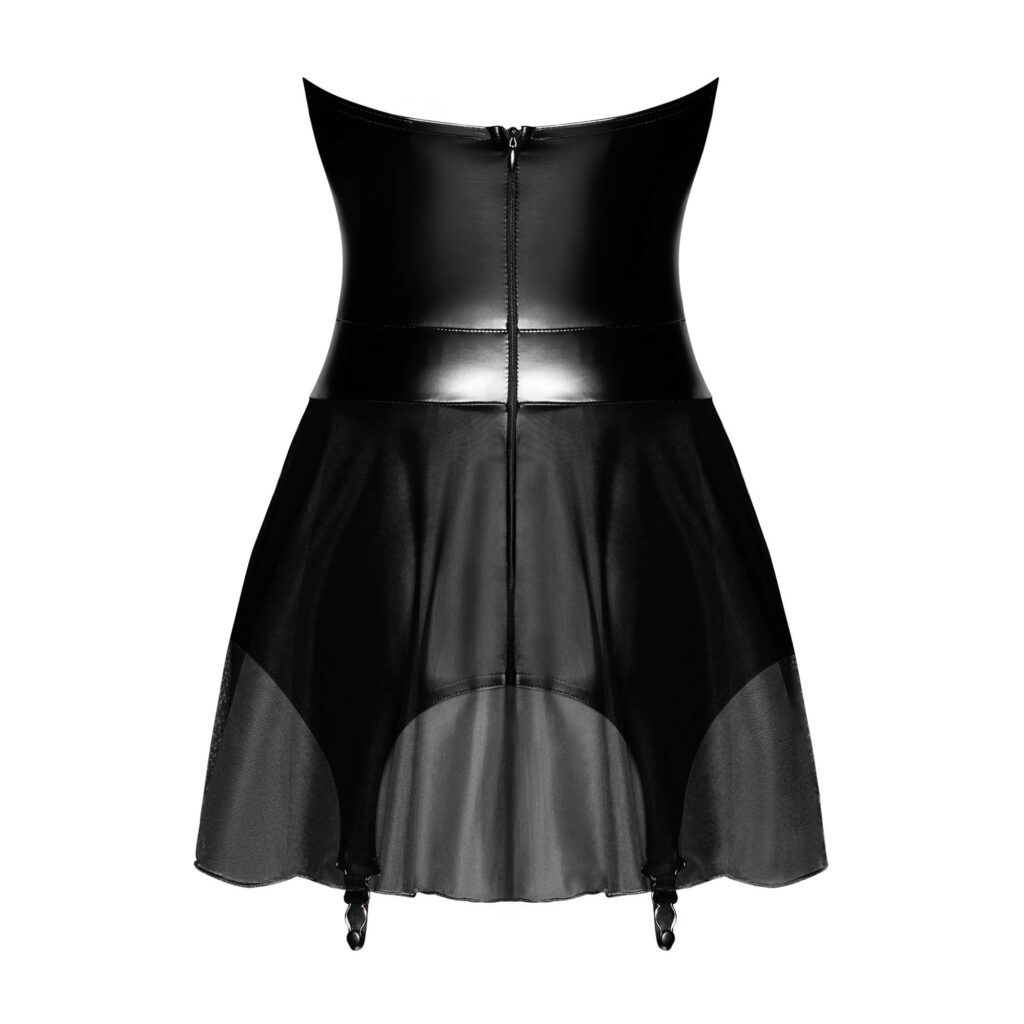 Noir Wetlook Kjole med Tylskørt og Strømpeholdere