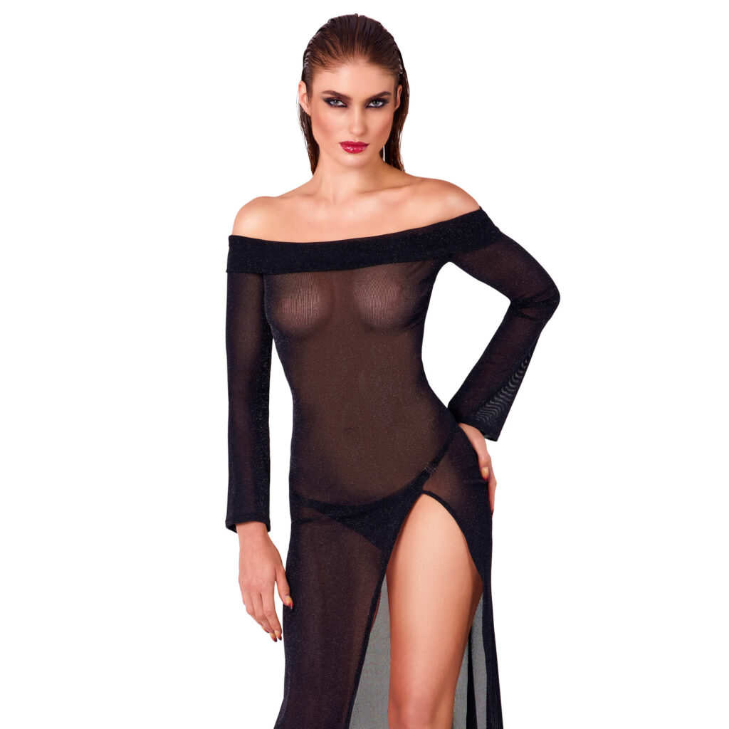 Noir Lang Transparent Powermesh Kjole med Glitter