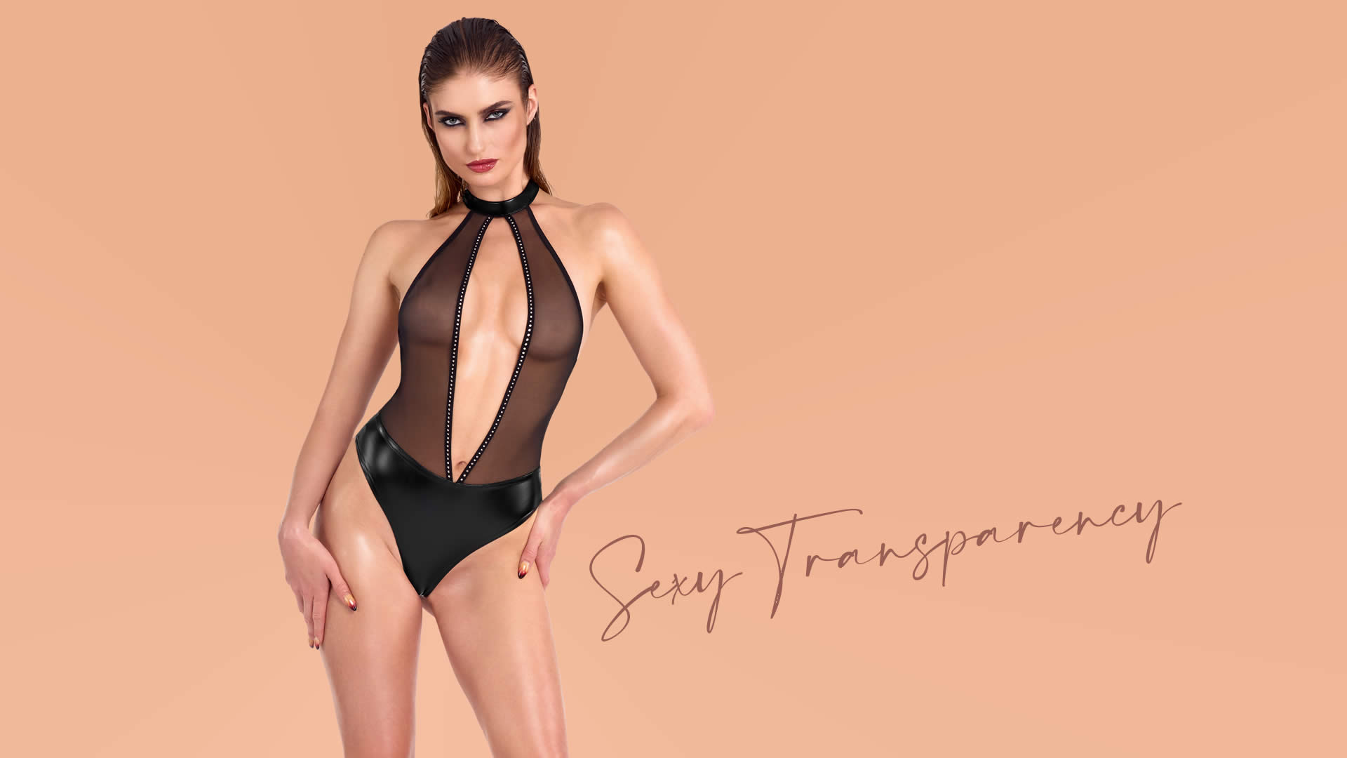 Noir Wetlook Body med Transparent Holderneck Top