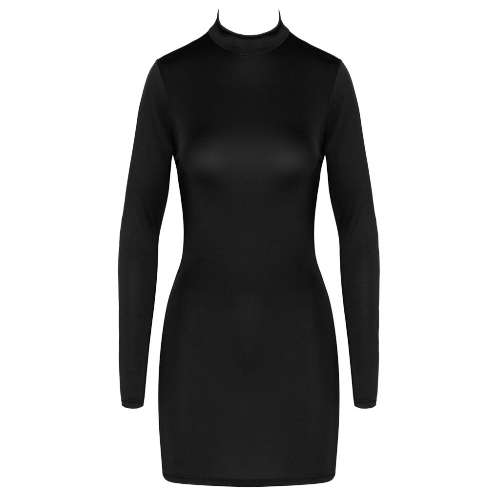 Langærmet Rygløs Kjole i Sort med Pyntekæder