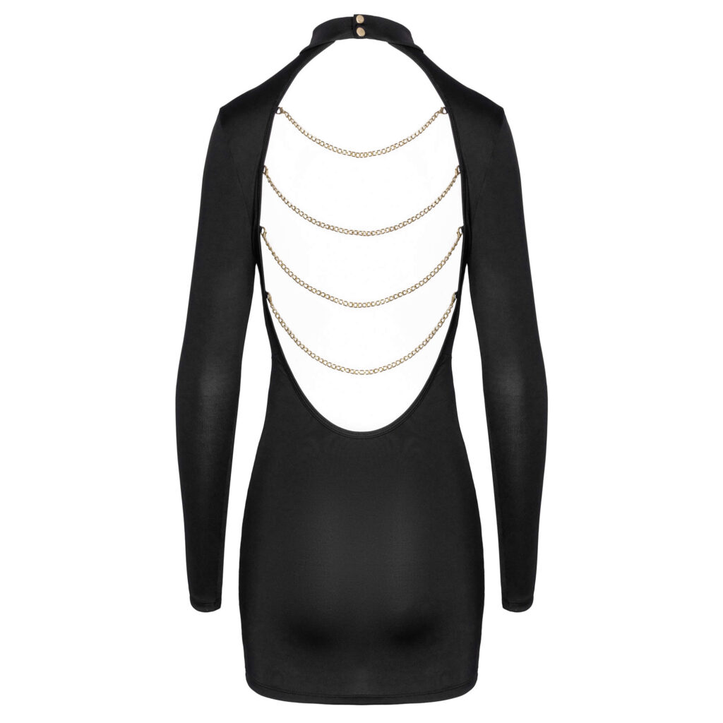 Langærmet Rygløs Kjole i Sort med Pyntekæder