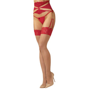 Obsessive Matildea Nylonstrømper i Beige med Rød Blonde Kant