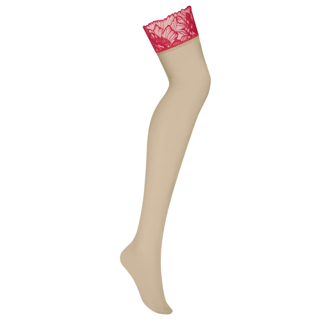 Obsessive Matildea Nylonstrømper i Beige med Rød Blonde Kant
