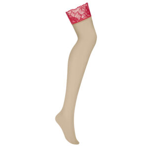 Obsessive Matildea Nylonstrømper i Beige med Rød Blonde Kant