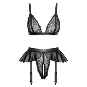 Blonde og Wetlook Lingeri Sæt med Hofteholder og Miniskirt