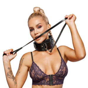 Zado Læder Bondage Halsbånd i Kraftig udførsel med Line