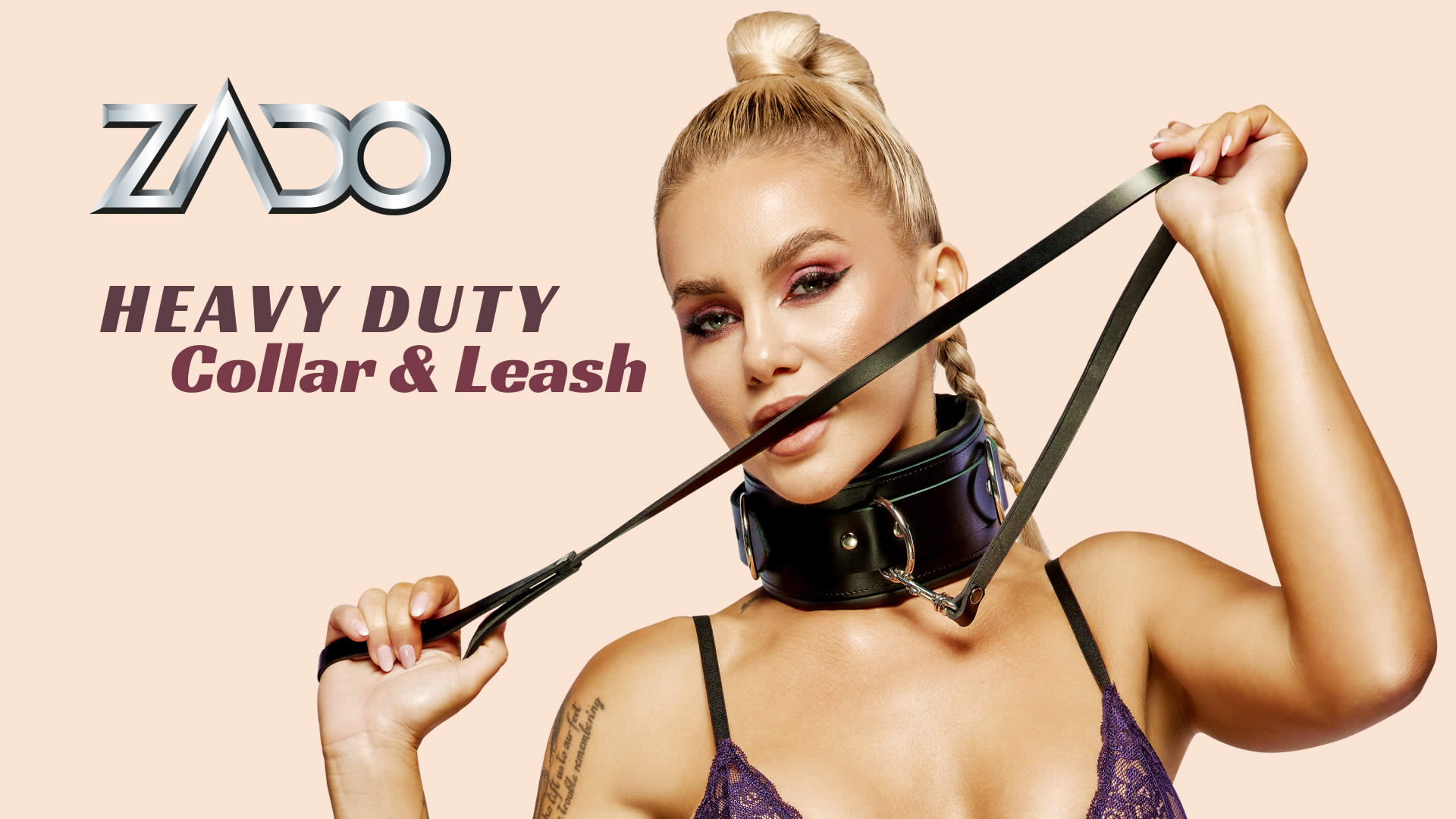 Zado Læder Bondage Halsbånd i Kraftig udførsel med Line