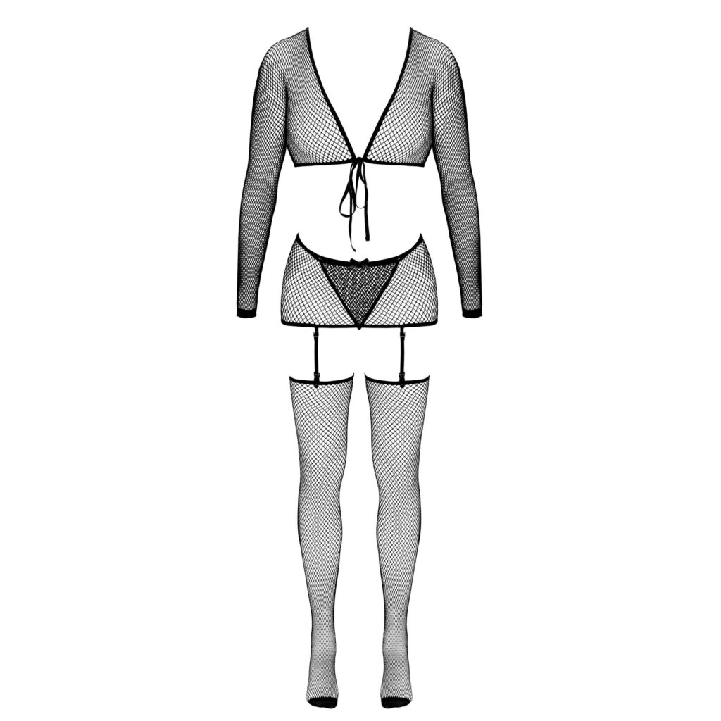4 Delt Net Lingeri Sæt med Bolero, Trusse, Hofteholder og Strømper