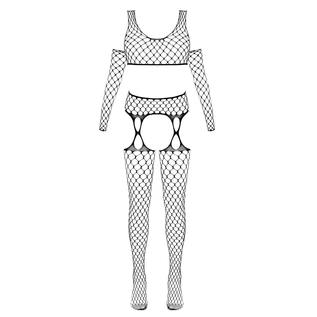 3-Delt Net Lingeri Sæt med Top, Løse Ærmer og Hofteholder Strømper