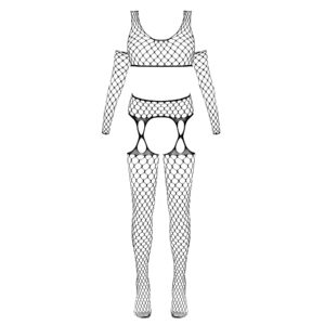 3-Delt Net Lingeri Sæt med Top, Løse Ærmer og Hofteholder Strømper