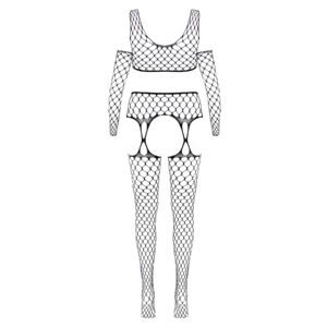 3-Delt Net Lingeri Sæt med Top, Løse Ærmer og Hofteholder Strømper