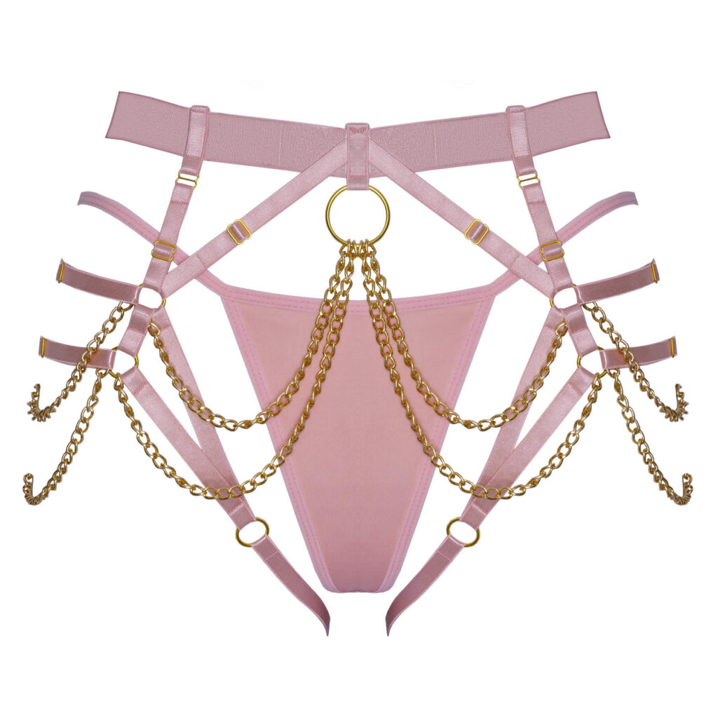 Harness G-streng i Babypink Med Guldfarvede Kæder