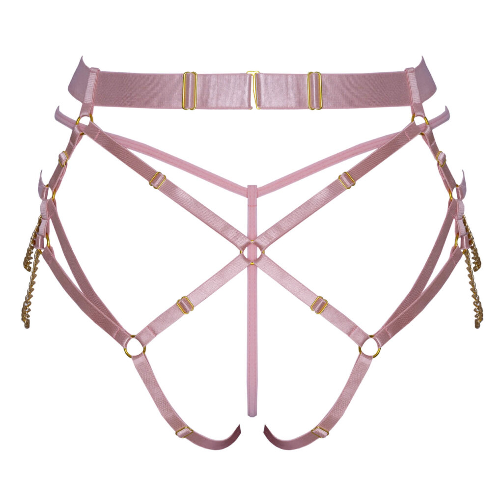 Harness G-streng i Babypink Med Guldfarvede Kæder