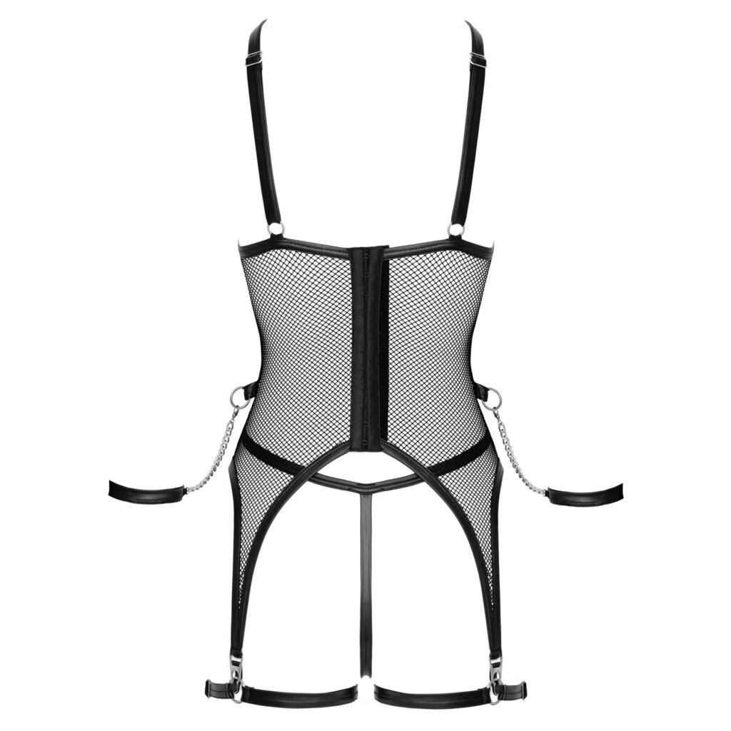 Bustier i Wetlook og Net med Metalkæder og Bundløse Trusser