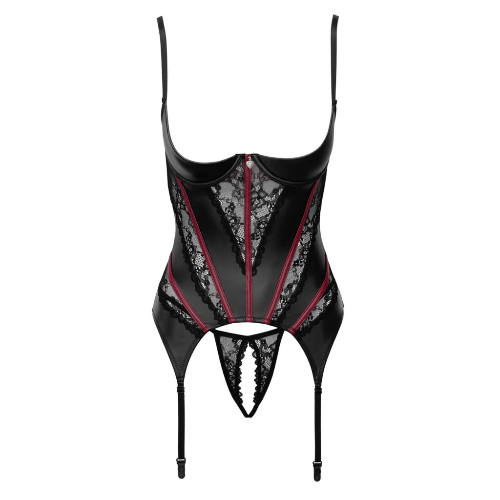 Open Bust Wetlook Bustier med Røde Striber og Blonder