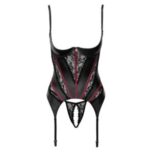 Open Bust Wetlook Bustier med Røde Striber og Blonder