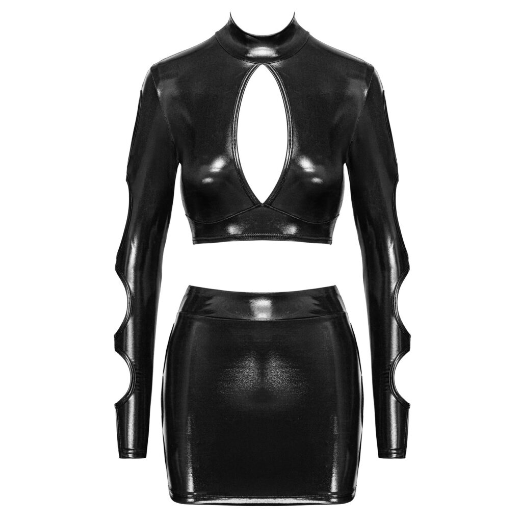 Wetlook Top og Nederdel med Cut-Outs