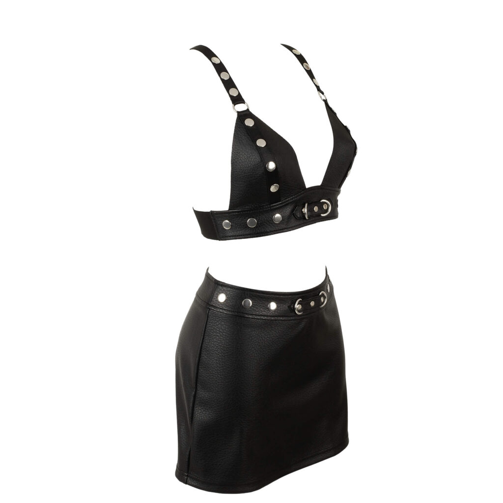 Læderlook BH Top med Nederdel